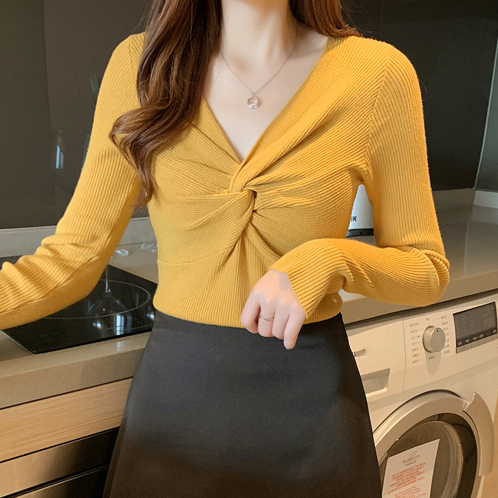 ツイスト リブ ニット トップス レディース ひねり ニットソー Vネック ストレッチ 