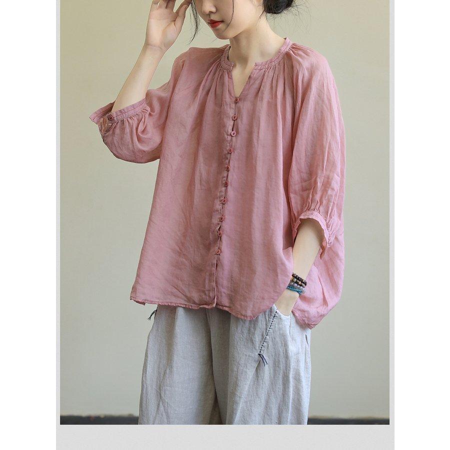 ブラウス レディース 40代 春夏新作 オシャレブラウス リネンシャツ カジュアル Vネック 無地 七分袖トップス 50代 通勤OL シャツ 大人 ゆったり 上品 30代 