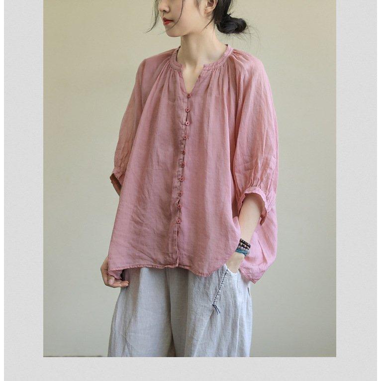 ブラウス レディース 40代 春夏新作 オシャレブラウス リネンシャツ カジュアル Vネック 無地 七分袖トップス 50代 通勤OL シャツ 大人 ゆったり 上品 30代 