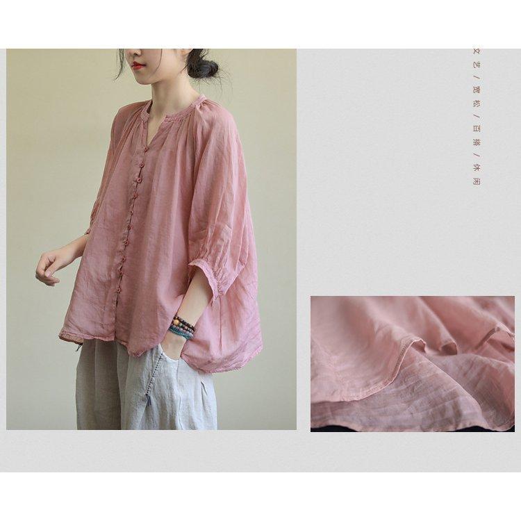 ブラウス レディース 40代 春夏新作 オシャレブラウス リネンシャツ カジュアル Vネック 無地 七分袖トップス 50代 通勤OL シャツ 大人 ゆったり 上品 30代 