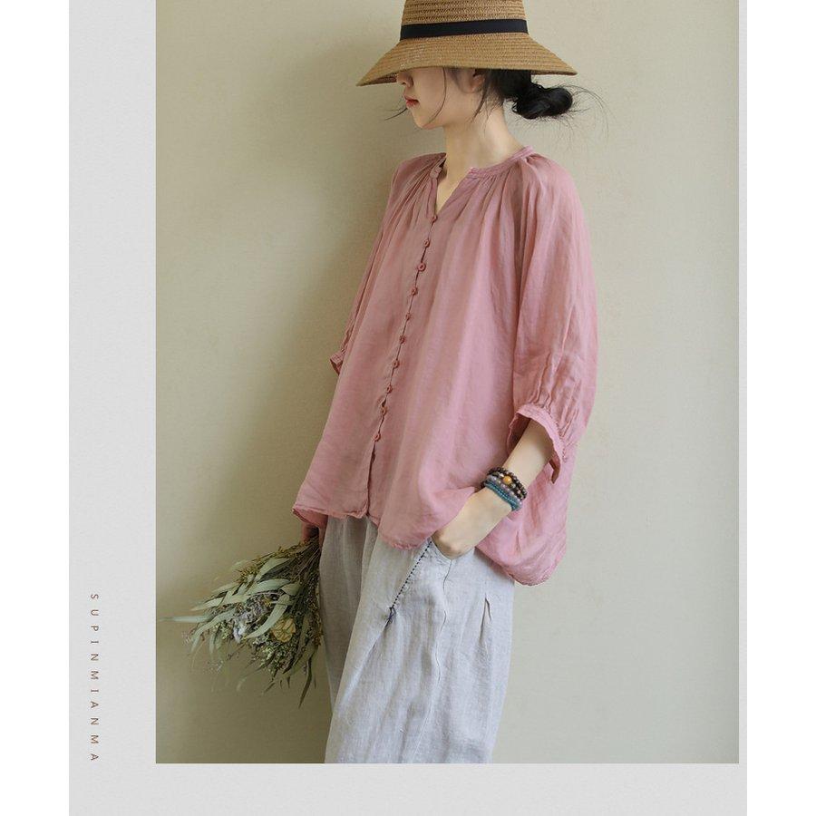 ブラウス レディース 40代 春夏新作 オシャレブラウス リネンシャツ カジュアル Vネック 無地 七分袖トップス 50代 通勤OL シャツ 大人 ゆったり 上品 30代 