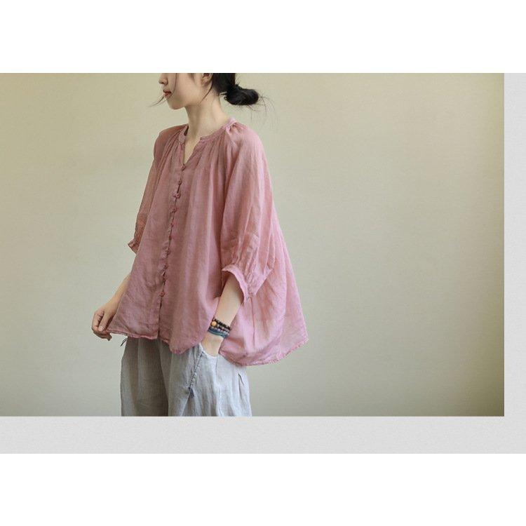 ブラウス レディース 40代 春夏新作 オシャレブラウス リネンシャツ カジュアル Vネック 無地 七分袖トップス 50代 通勤OL シャツ 大人 ゆったり 上品 30代 