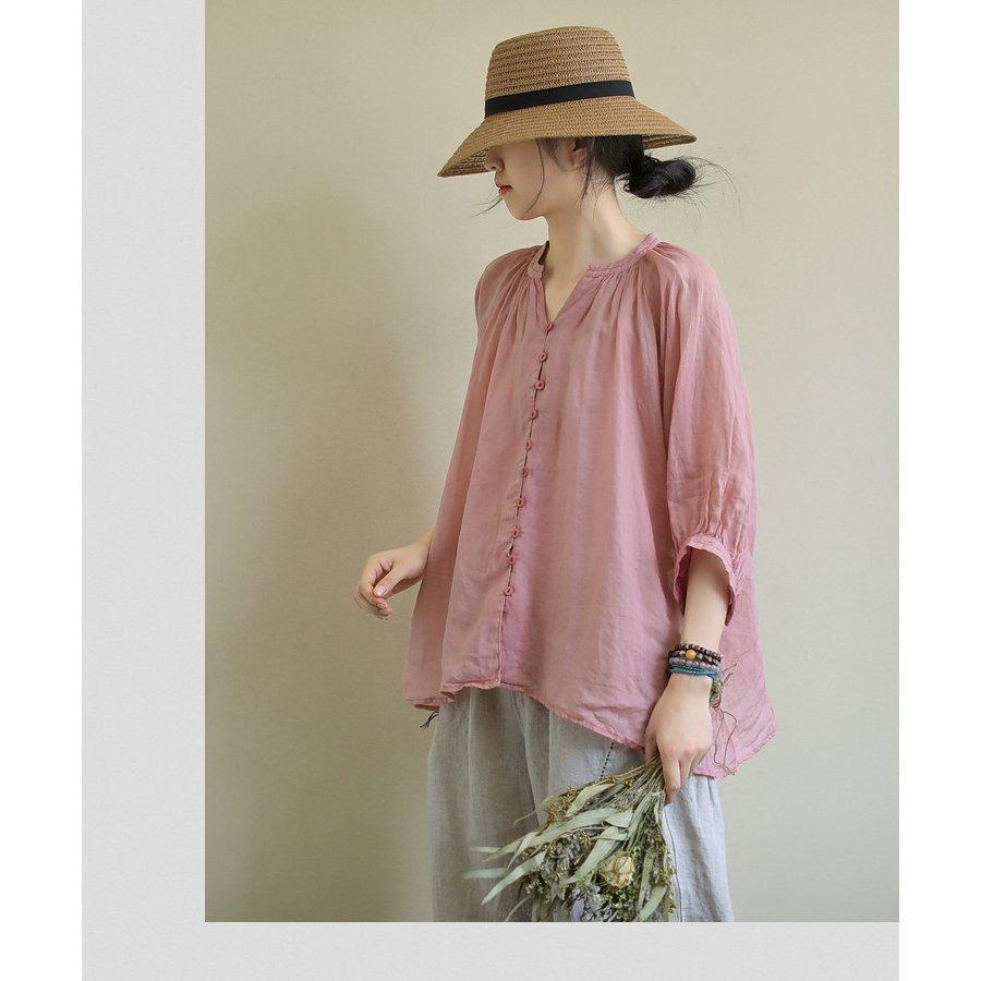 ブラウス レディース 40代 春夏新作 オシャレブラウス リネンシャツ カジュアル Vネック 無地 七分袖トップス 50代 通勤OL シャツ 大人 ゆったり 上品 30代 
