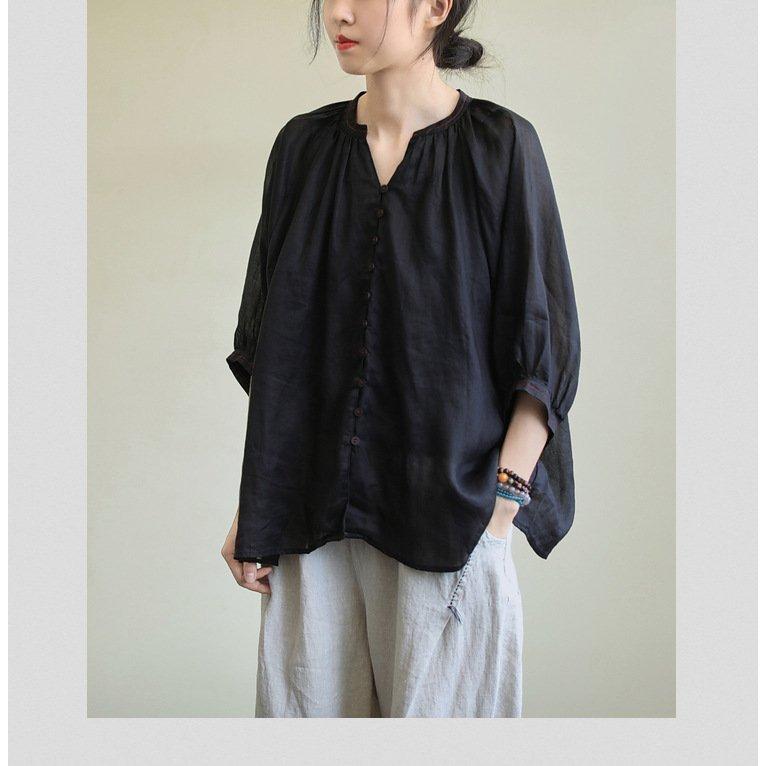 ブラウス レディース 40代 春夏新作 オシャレブラウス リネンシャツ カジュアル Vネック 無地 七分袖トップス 50代 通勤OL シャツ 大人 ゆったり 上品 30代 