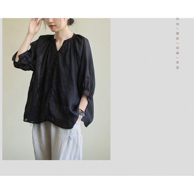 ブラウス レディース 40代 春夏新作 オシャレブラウス リネンシャツ カジュアル Vネック 無地 七分袖トップス 50代 通勤OL シャツ 大人 ゆったり 上品 30代 