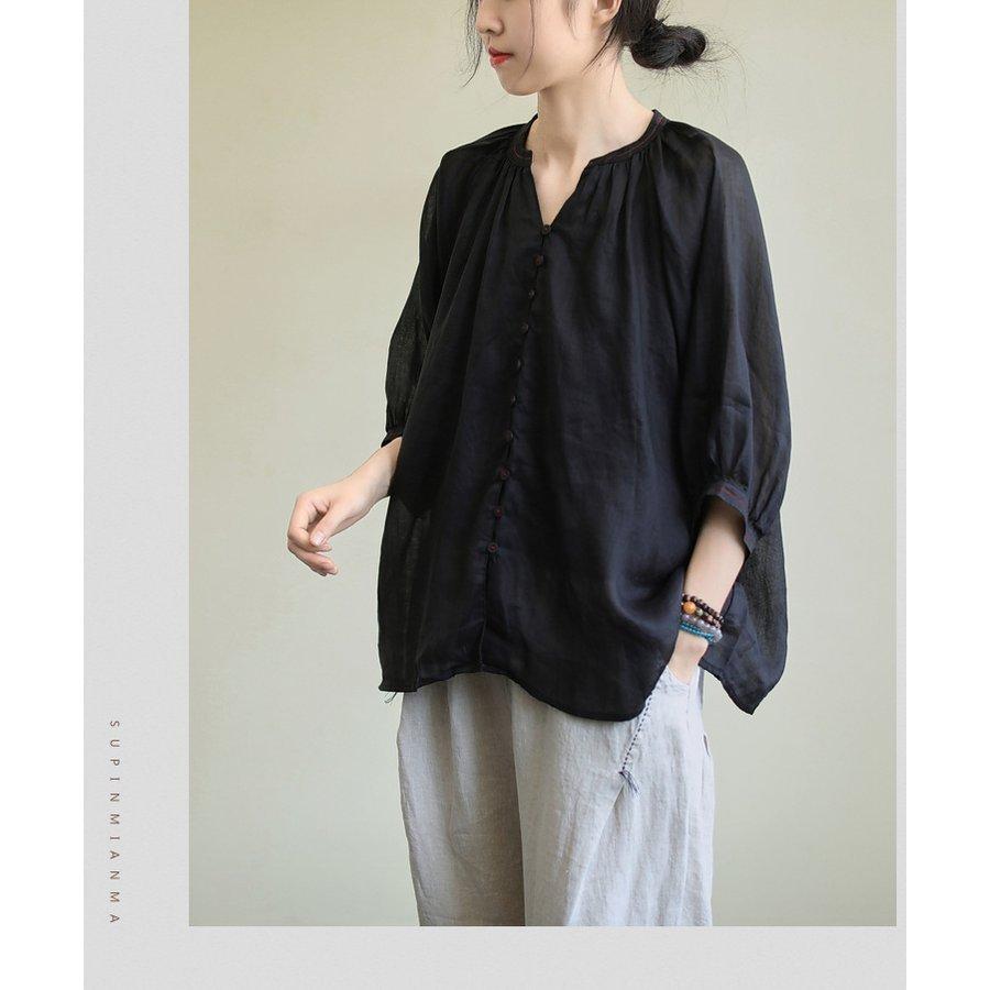 ブラウス レディース 40代 春夏新作 オシャレブラウス リネンシャツ カジュアル Vネック 無地 七分袖トップス 50代 通勤OL シャツ 大人 ゆったり 上品 30代 