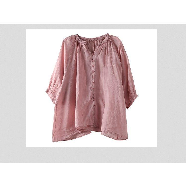 ブラウス レディース 40代 春夏新作 オシャレブラウス リネンシャツ カジュアル Vネック 無地 七分袖トップス 50代 通勤OL シャツ 大人 ゆったり 上品 30代 