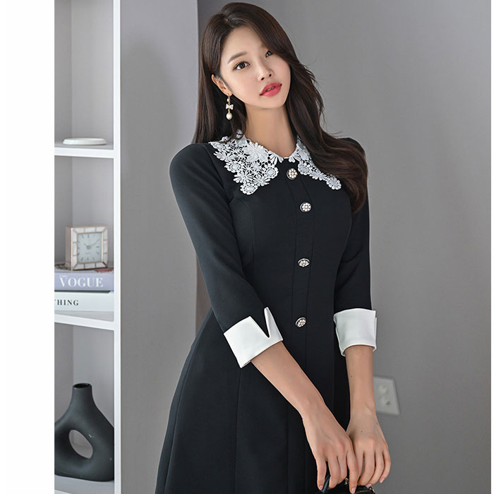 レース刺繍襟付き 折り返し七分袖 前ボタンショートワンピース 黒 カジュアル かわいい 韓国 服 レディース ファッション 