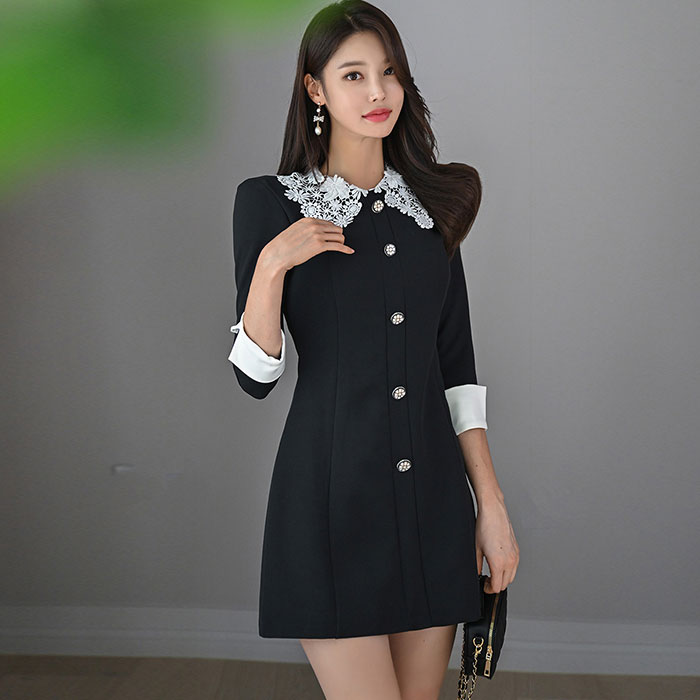 レース刺繍襟付き 折り返し七分袖 前ボタンショートワンピース 黒 カジュアル かわいい 韓国 服 レディース ファッション 