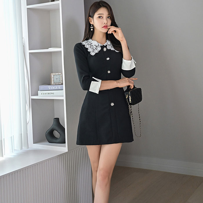 レース刺繍襟付き 折り返し七分袖 前ボタンショートワンピース 黒 カジュアル かわいい 韓国 服 レディース ファッション 