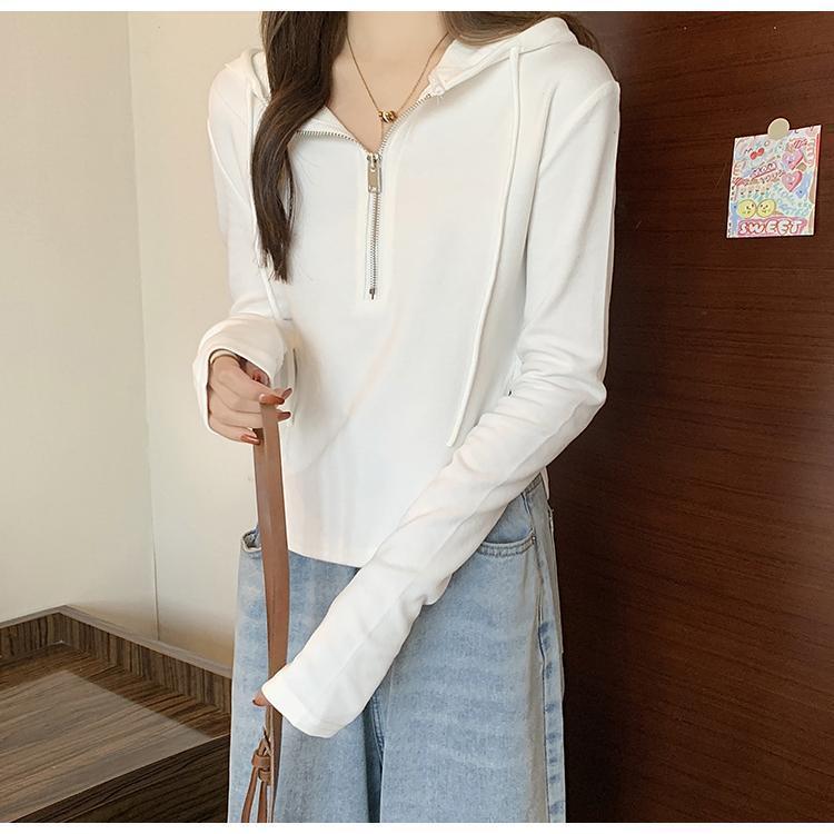 長袖 レディース プルオーバー ハーフジッパー トップス 長袖Tシャツ カットソー 着まわし 韓国ファッシ 春秋 シンプル ショート丈 細身 