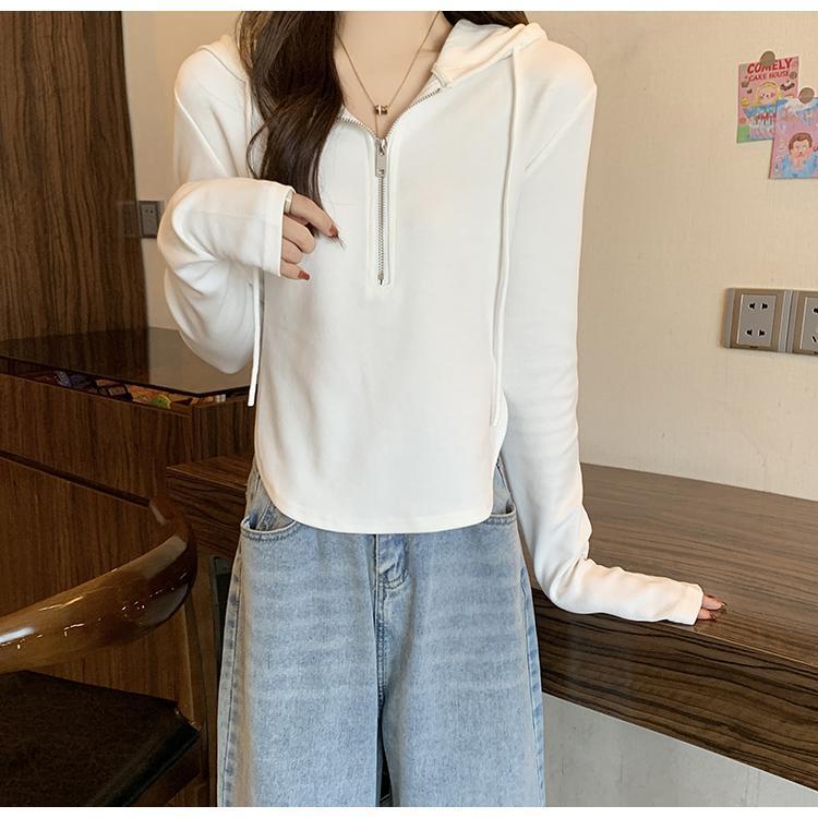 長袖 レディース プルオーバー ハーフジッパー トップス 長袖Tシャツ カットソー 着まわし 韓国ファッシ 春秋 シンプル ショート丈 細身 