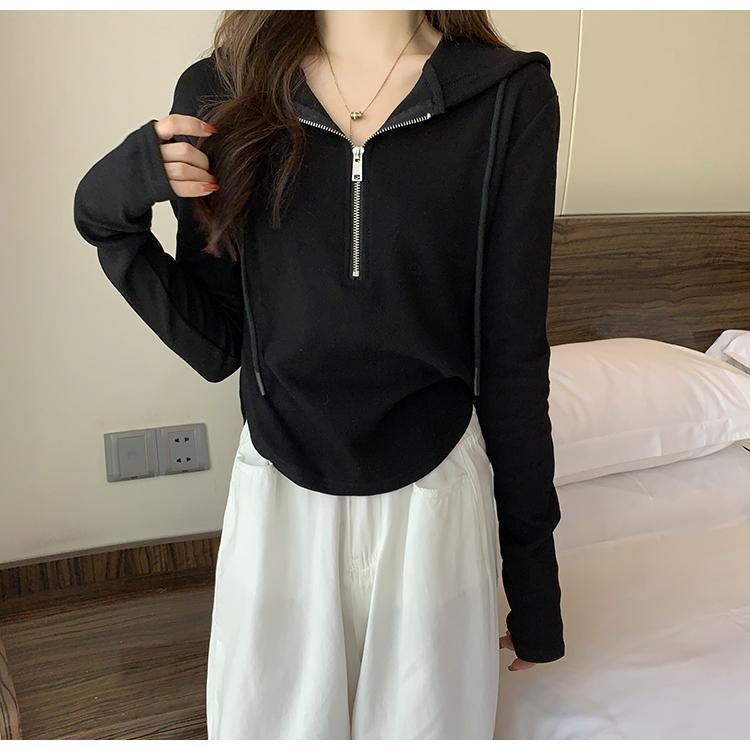 長袖 レディース プルオーバー ハーフジッパー トップス 長袖Tシャツ カットソー 着まわし 韓国ファッシ 春秋 シンプル ショート丈 細身 
