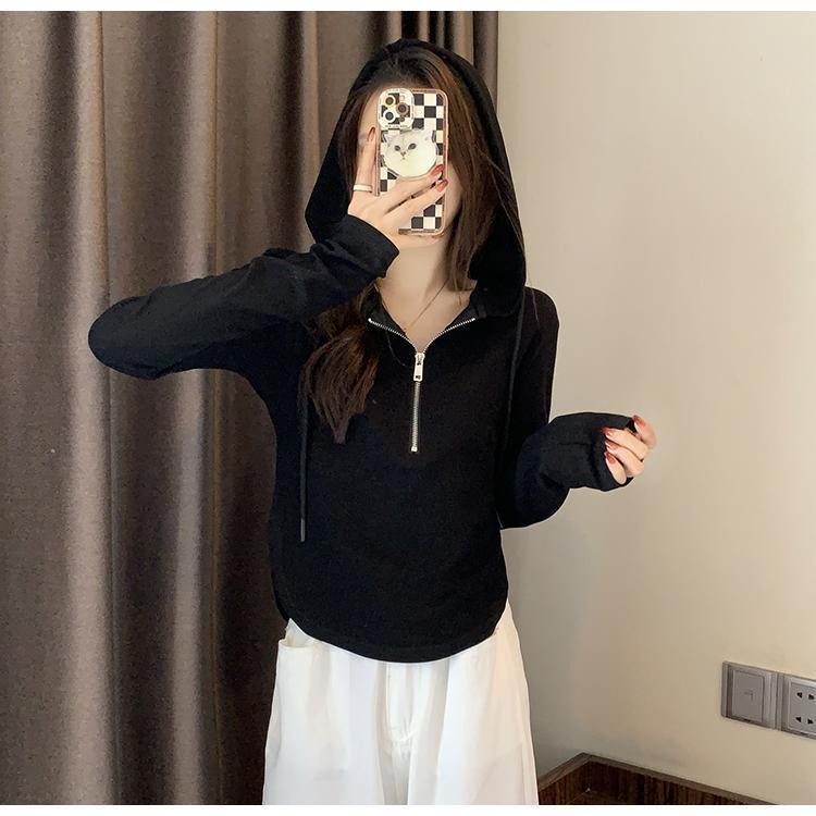 長袖 レディース プルオーバー ハーフジッパー トップス 長袖Tシャツ カットソー 着まわし 韓国ファッシ 春秋 シンプル ショート丈 細身 