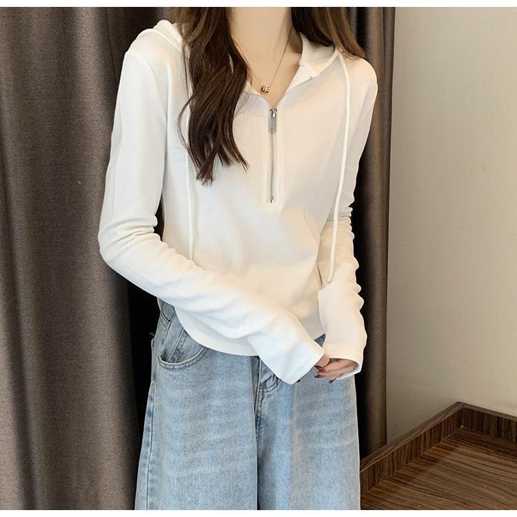 長袖 レディース プルオーバー ハーフジッパー トップス 長袖Tシャツ カットソー 着まわし 韓国ファッシ 春秋 シンプル ショート丈 細身 
