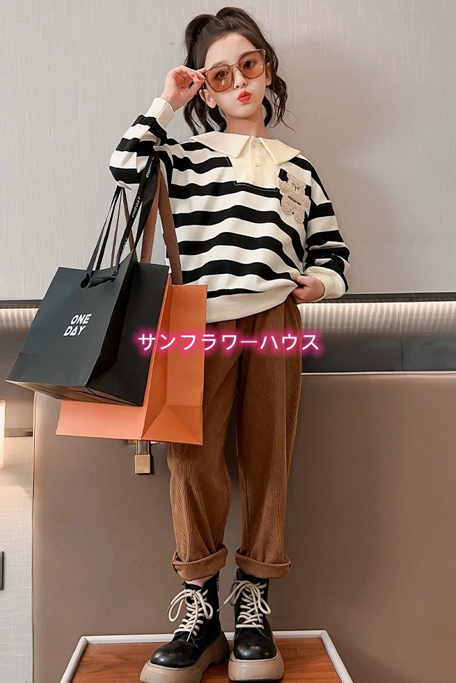 ポロシャツ 長袖 ショート丈 ニットポロ トップス カジュアル 大人 子ども 韓国 可愛い ブラック ポロボーダー 