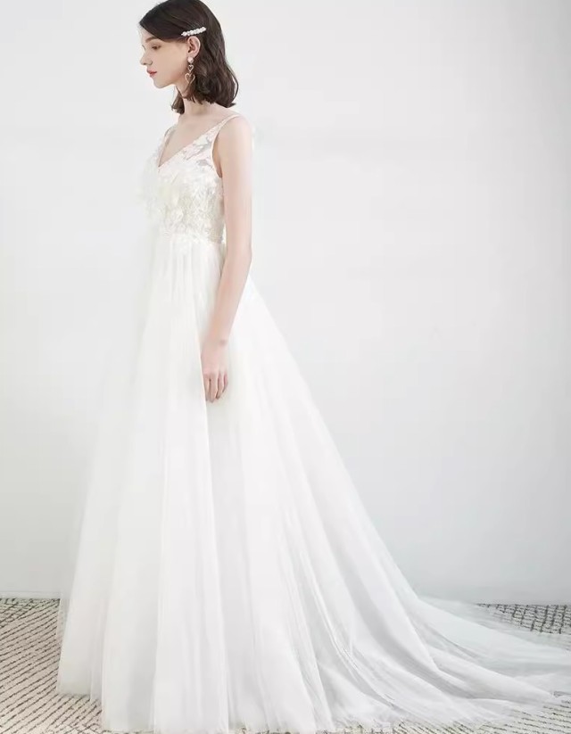 ウェディングドレス 袖なし ノースリーブ エンパイアライン 結婚式 花嫁 白 ドレス 大きいサイズ マタニティドレス レースアップ ハイウエスト 3L 小さいサイズ 