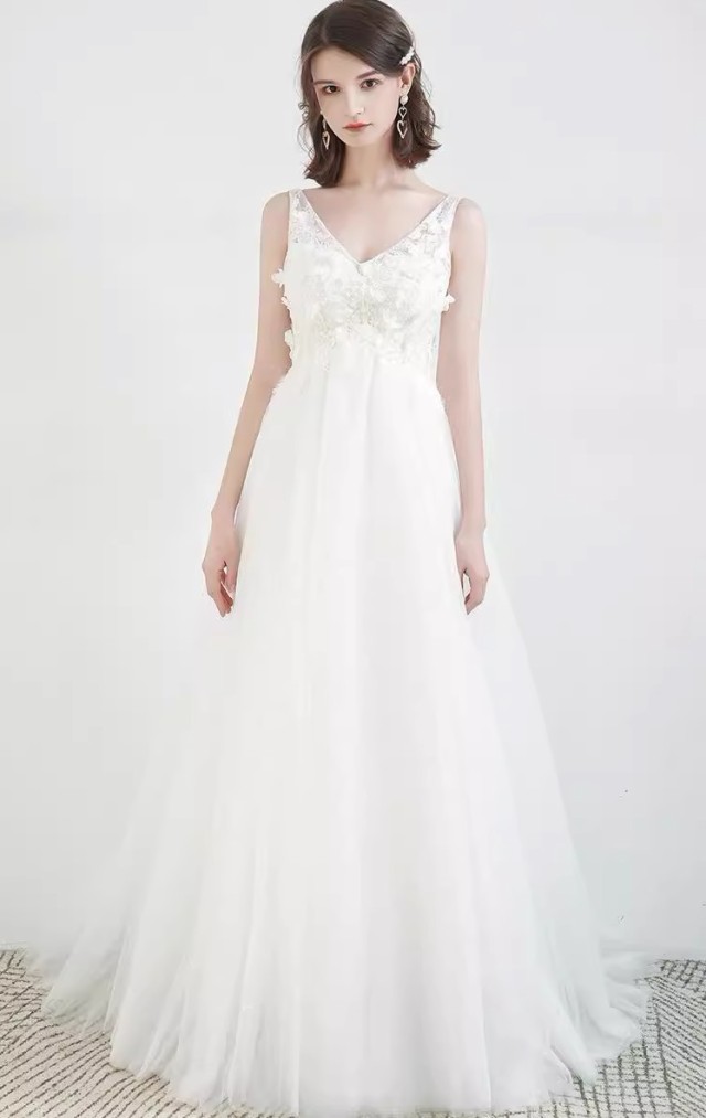 ウェディングドレス 袖なし ノースリーブ エンパイアライン 結婚式 花嫁 白 ドレス 大きいサイズ マタニティドレス レースアップ ハイウエスト 3L 小さいサイズ 