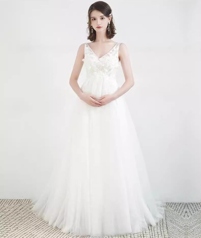 ウェディングドレス 袖なし ノースリーブ エンパイアライン 結婚式 花嫁 白 ドレス 大きいサイズ マタニティドレス レースアップ ハイウエスト 3L 小さいサイズ 