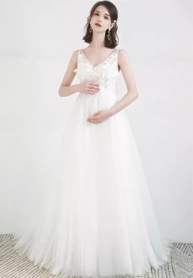 ウェディングドレス 袖なし ノースリーブ エンパイアライン 結婚式 花嫁 白 ドレス 大きいサイズ マタニティドレス レースアップ ハイウエスト 3L 小さいサイズ 