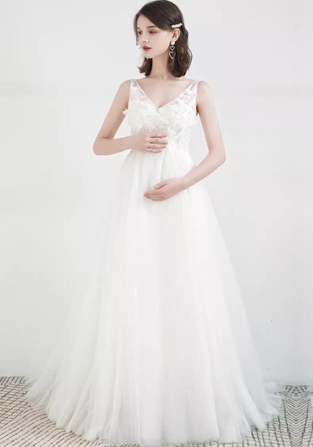 ウェディングドレス 袖なし ノースリーブ エンパイアライン 結婚式 花嫁 白 ドレス 大きいサイズ マタニティドレス レースアップ ハイウエスト 3L 小さいサイズ 