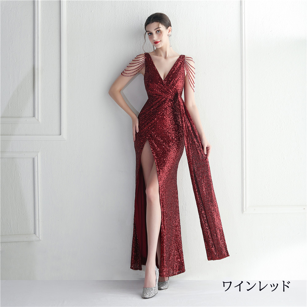 カラードレス マーメイドドレス パーティードレス スリット ビーズ ウェディングドレス 発表会 二次会 結婚式 大きいサイズ スパン小さいサイズ 