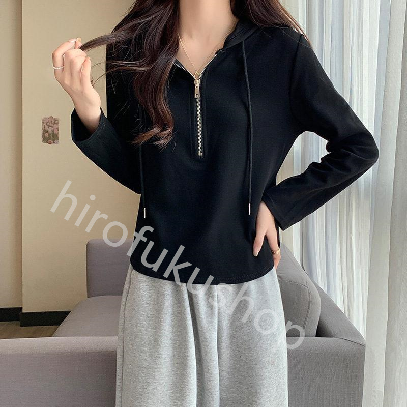 長袖Tシャツ フード付き ロンT レディース カットソー プルオーバー 体型カバー ゆったり ルームウエア 春秋 トップス ファスナー 