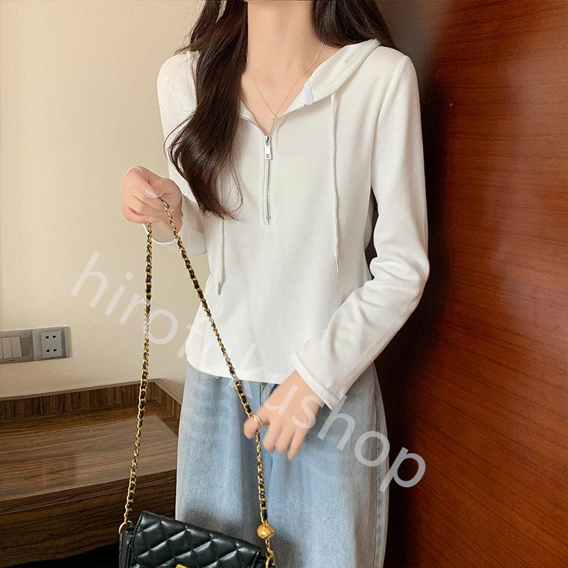 長袖Tシャツ フード付き ロンT レディース カットソー プルオーバー 体型カバー ゆったり ルームウエア 春秋 トップス ファスナー 