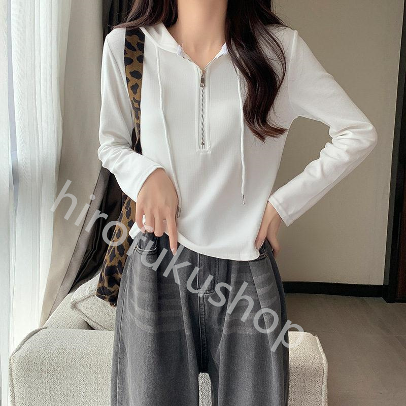 長袖Tシャツ フード付き ロンT レディース カットソー プルオーバー 体型カバー ゆったり ルームウエア 春秋 トップス ファスナー 