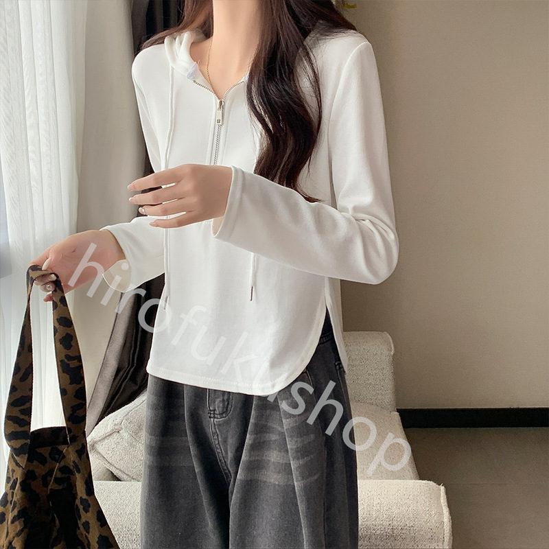 長袖Tシャツ フード付き ロンT レディース カットソー プルオーバー 体型カバー ゆったり ルームウエア 春秋 トップス ファスナー 