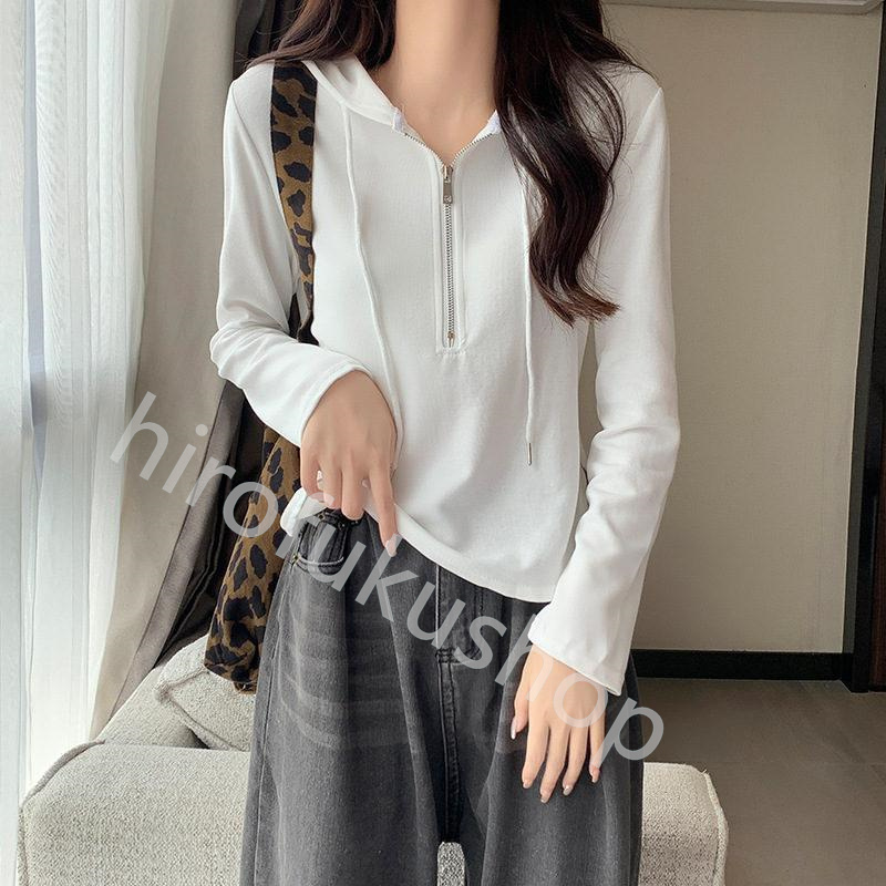 長袖Tシャツ フード付き ロンT レディース カットソー プルオーバー 体型カバー ゆったり ルームウエア 春秋 トップス ファスナー 