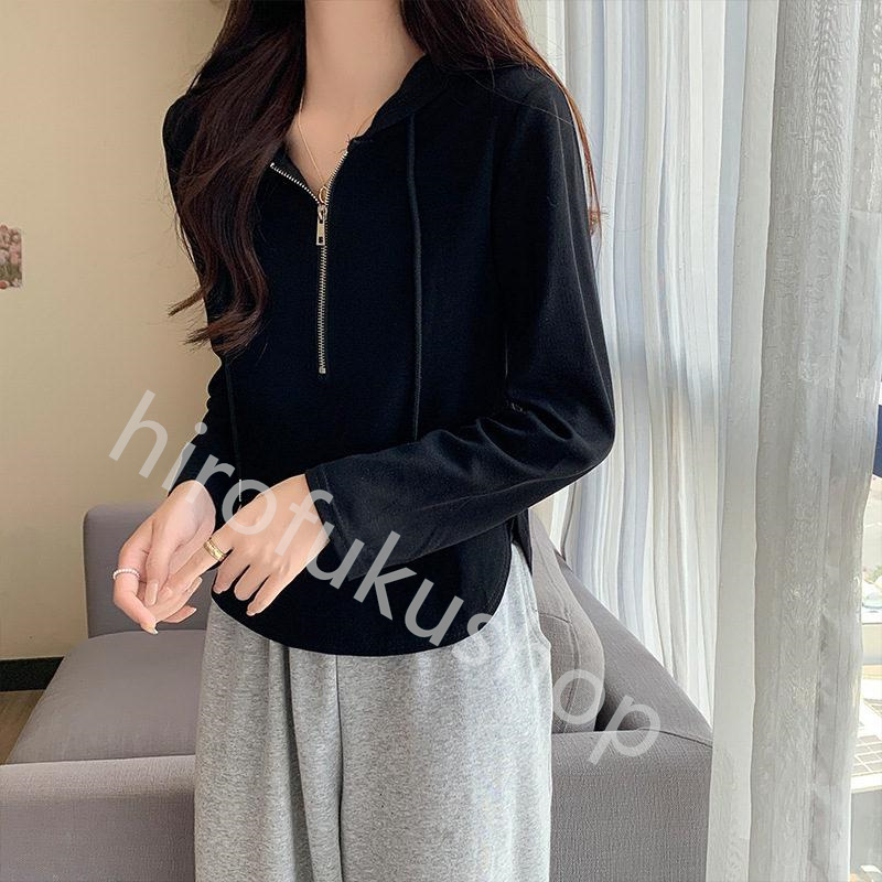 長袖Tシャツ フード付き ロンT レディース カットソー プルオーバー 体型カバー ゆったり ルームウエア 春秋 トップス ファスナー 