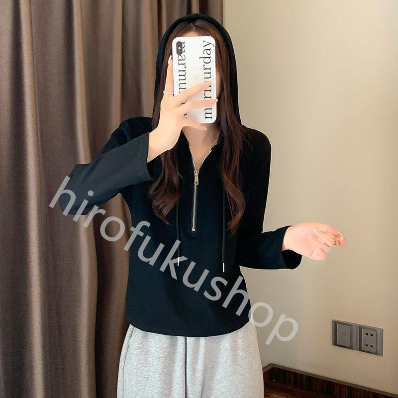 長袖Tシャツ フード付き ロンT レディース カットソー プルオーバー 体型カバー ゆったり ルームウエア 春秋 トップス ファスナー 