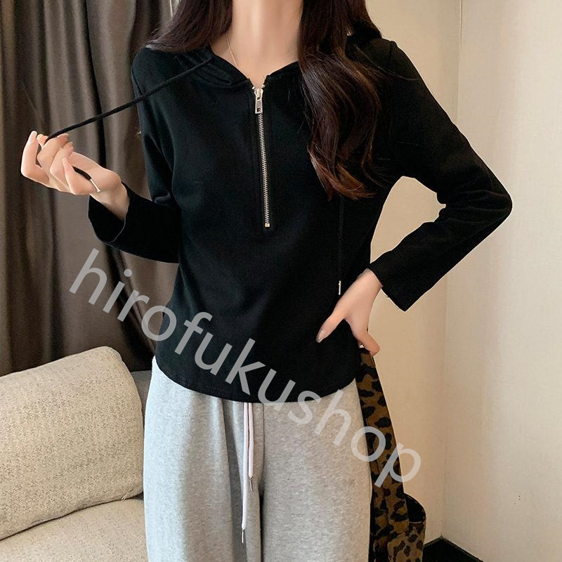 長袖Tシャツ フード付き ロンT レディース カットソー プルオーバー 体型カバー ゆったり ルームウエア 春秋 トップス ファスナー 