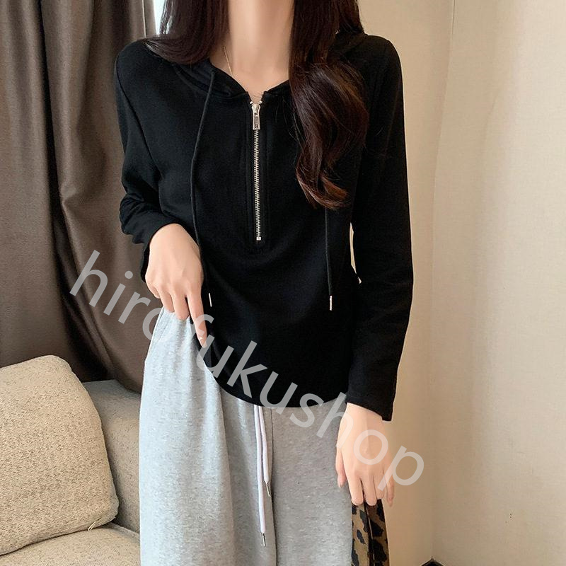 長袖Tシャツ フード付き ロンT レディース カットソー プルオーバー 体型カバー ゆったり ルームウエア 春秋 トップス ファスナー 