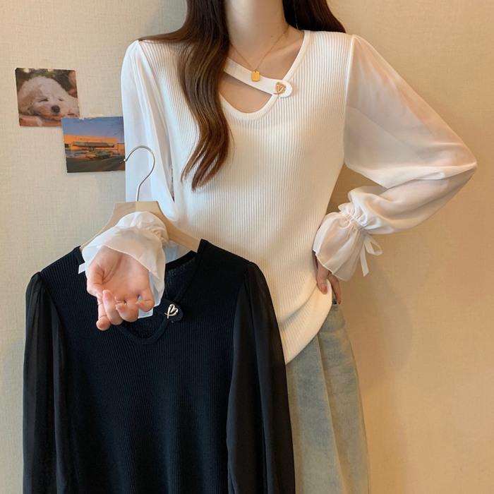 ニットトップス 異素材 切り替え シフォン袖 レディース Vネック ぽわん袖 シアースリーブ トップス ニット シフォン 長袖 透け感 プルオーバー 