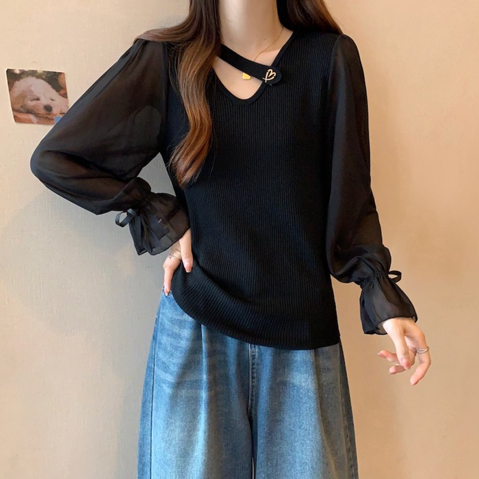 ニットトップス 異素材 切り替え シフォン袖 レディース Vネック ぽわん袖 シアースリーブ トップス ニット シフォン 長袖 透け感 プルオーバー 