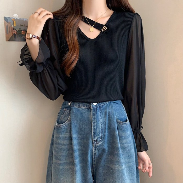 ニットトップス 異素材 切り替え シフォン袖 レディース Vネック ぽわん袖 シアースリーブ トップス ニット シフォン 長袖 透け感 プルオーバー 