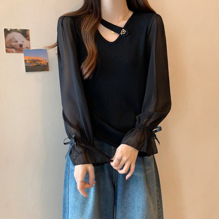 ニットトップス 異素材 切り替え シフォン袖 レディース Vネック ぽわん袖 シアースリーブ トップス ニット シフォン 長袖 透け感 プルオーバー 