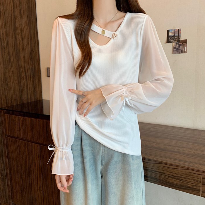 ニットトップス 異素材 切り替え シフォン袖 レディース Vネック ぽわん袖 シアースリーブ トップス ニット シフォン 長袖 透け感 プルオーバー 