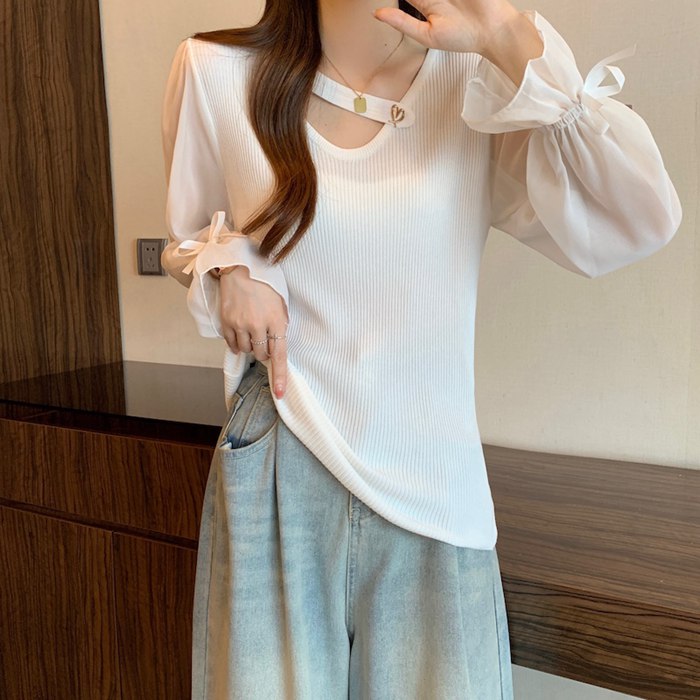 ニットトップス 異素材 切り替え シフォン袖 レディース Vネック ぽわん袖 シアースリーブ トップス ニット シフォン 長袖 透け感 プルオーバー 