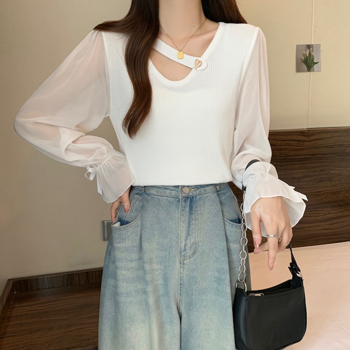 ニットトップス 異素材 切り替え シフォン袖 レディース Vネック ぽわん袖 シアースリーブ トップス ニット シフォン 長袖 透け感 プルオーバー 