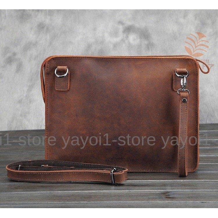 セカンドバッグ メンズ 。 レザー チェーン付き クラッチバッグ オーガナイザー 小型 ブラウン ショルダー付き ビジネスバッグ ショルダーバッグ 