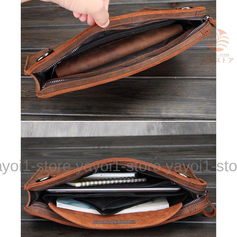 セカンドバッグ メンズ 。 レザー チェーン付き クラッチバッグ オーガナイザー 小型 ブラウン ショルダー付き ビジネスバッグ ショルダーバッグ 