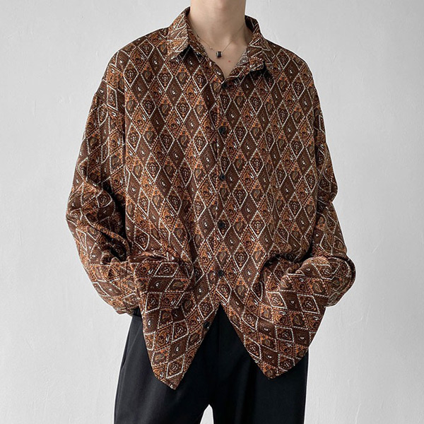 あり 柄シャツ ダイヤ柄 ペイズ柄 長袖シャツ レトロ ブラウン ヒップホップ シャツ ヴィンテージ風 大きいサイズ 衣装 ダンス 茶色 個性的 秋服 