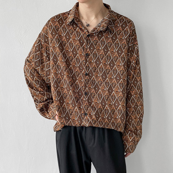 あり 柄シャツ ダイヤ柄 ペイズ柄 長袖シャツ レトロ ブラウン ヒップホップ シャツ ヴィンテージ風 大きいサイズ 衣装 ダンス 茶色 個性的 秋服 