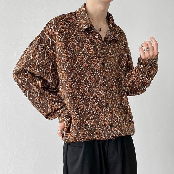あり 柄シャツ ダイヤ柄 ペイズ柄 長袖シャツ レトロ ブラウン ヒップホップ シャツ ヴィンテージ風 大きいサイズ 衣装 ダンス 茶色 個性的 秋服 