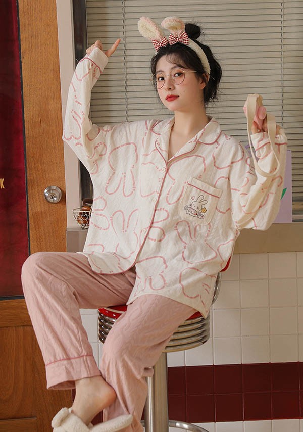 ルームウエア ウサギ柄 上下セット 部屋着 春 長袖 パジャマ 可愛い 着心地よい かわいい オシャレ 秋 