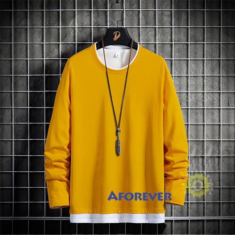Tシャツ メンズ 長袖 ティーシャツ 長袖Tシャツ 無地 丸首 トップス カジュアル プルオーバー 重ね着風 秋 秋服 ファッション メンズファッション 