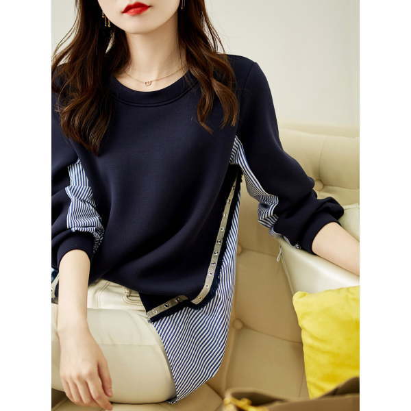 トップス レディース チュニック ロング Tシャツ Tシャツ バイドッキング 切り替え ストライプ 体型カバー プルオーバー スウェット 